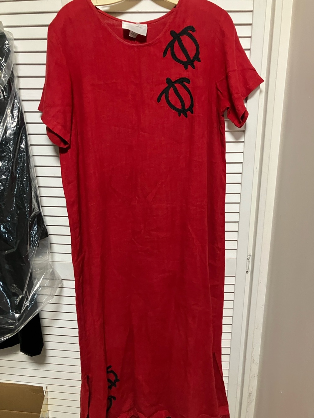 Red Short-Sleeve Maxi Dress with Black Embroidered Accents
